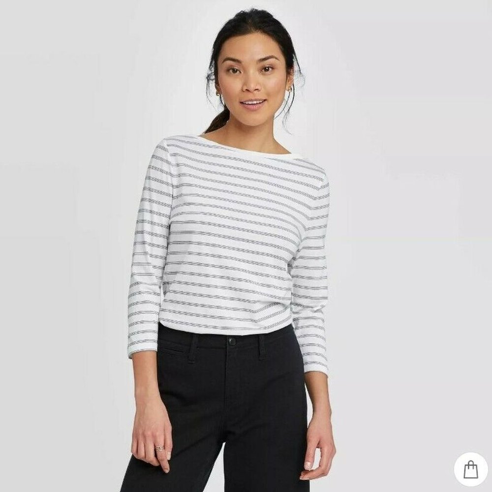 Women's Striped Slim Fit Long Sleeve Boat Neck T-S - Picture 4 of 4